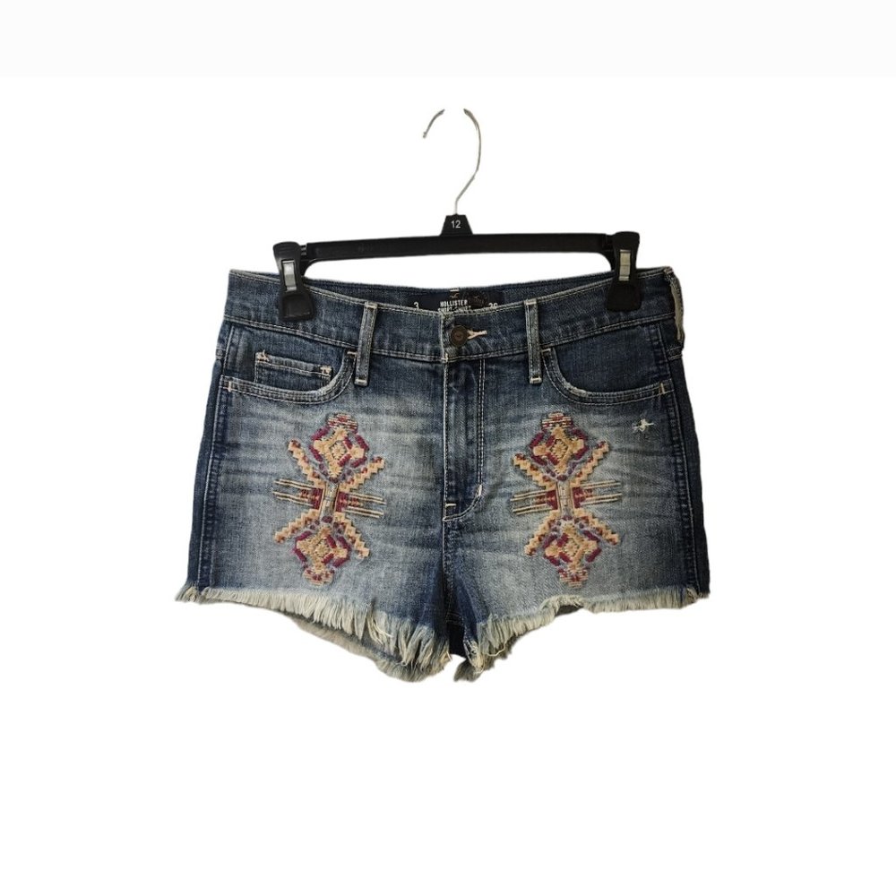 Hollister Tribal Embroidered Jean Shorts Size 3 Raw Fringe Hem Mid Rise